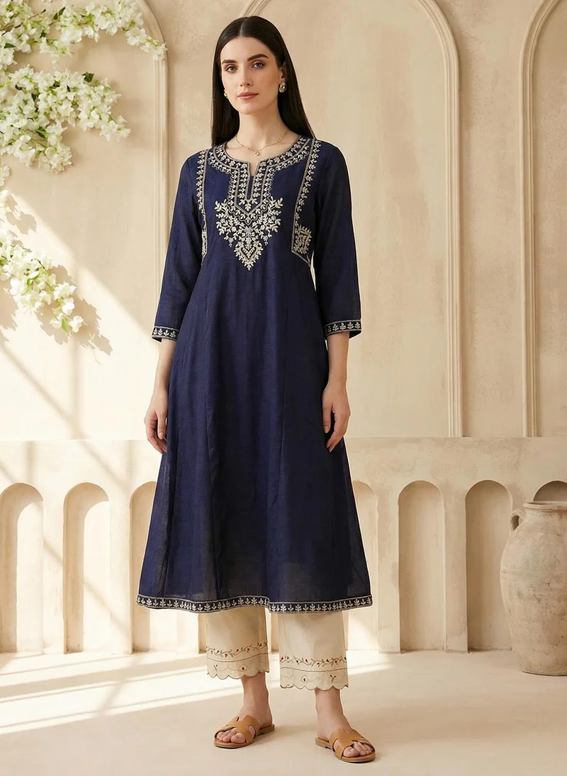 globus Globus Women Navy Blue Floral Embroidered Zari Yoke Detail Round Neck Panelled Anarkali Festive Kurta